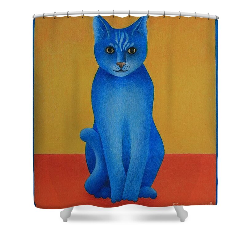 Primary Colors Shower Curtain featuring the painting Blue Cat by Pamela Clements