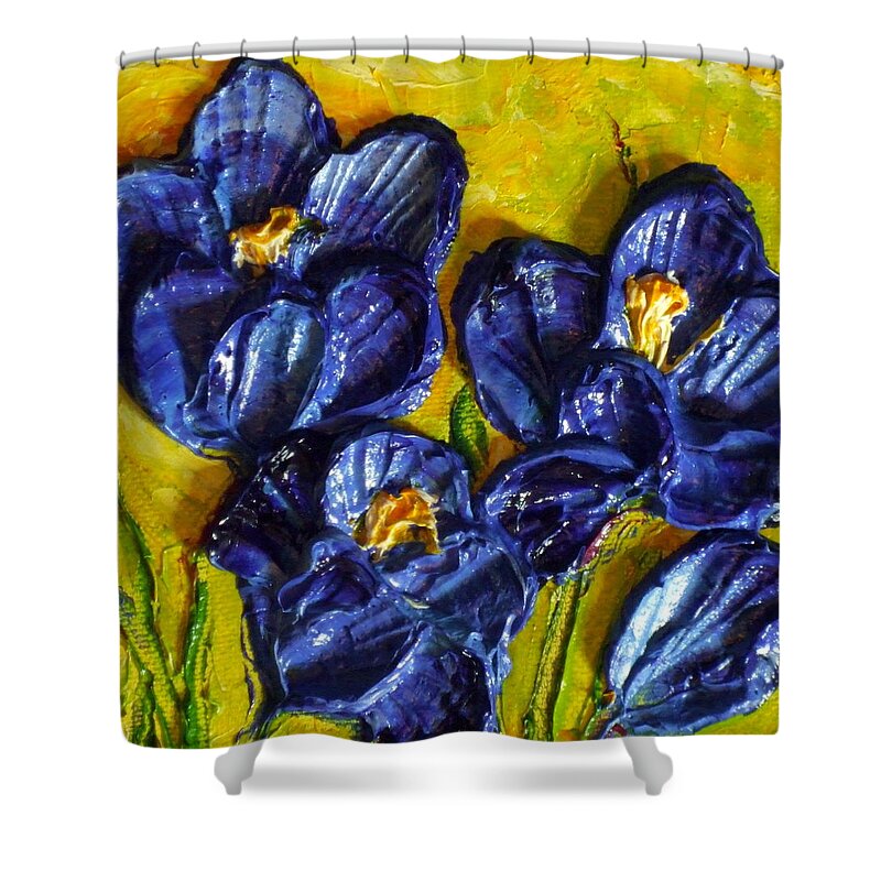 Blue Shower Curtain featuring the painting Blue Crocuses by Paris Wyatt Llanso