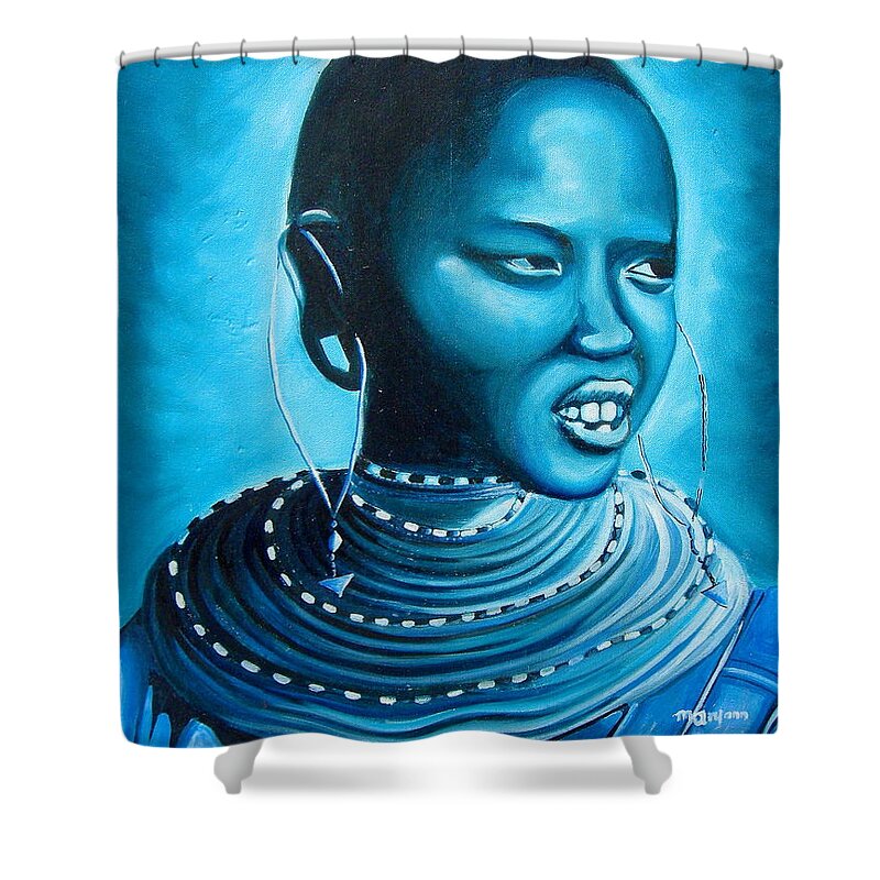 African Art Shower Curtain featuring the painting Blue Day by Maryann Muthoni
