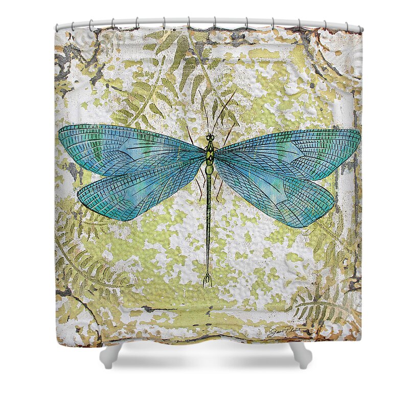 Acrylic Painting Shower Curtain featuring the painting Blue Dragonfly on Vintage Tin by Jean Plout
