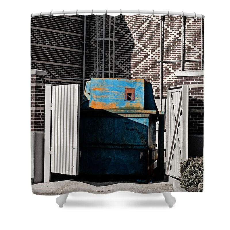 Featured Shower Curtain featuring the photograph Blue Dumpster by Paulette B Wright