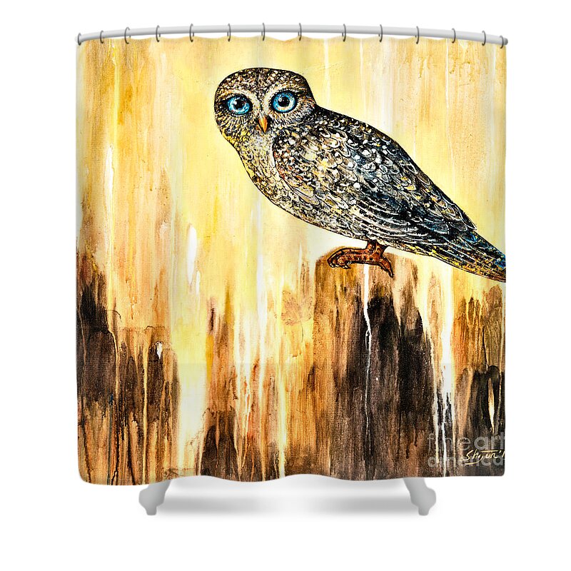 Owl Shower Curtain featuring the painting Blue Eyed Owl by Shijun Munns