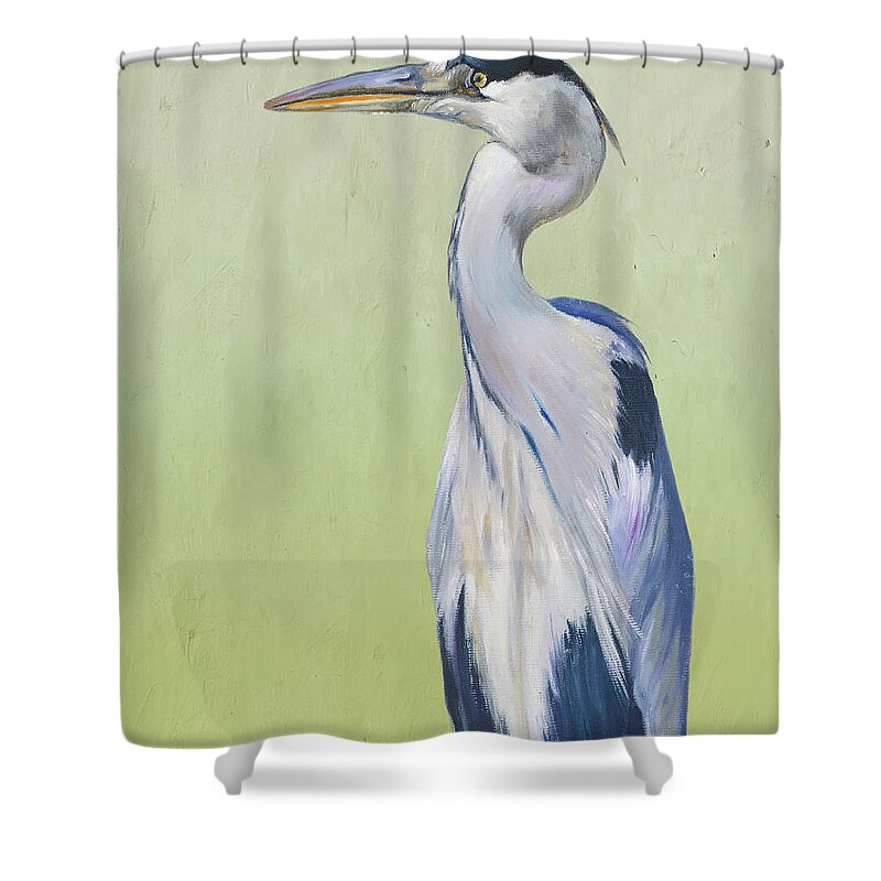 Blue Shower Curtain featuring the painting Blue Heron On Green II by Patricia Pinto