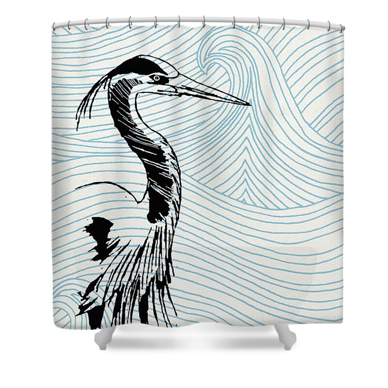 Waves Shower Curtain featuring the digital art Blue heron on waves by Konni Jensen