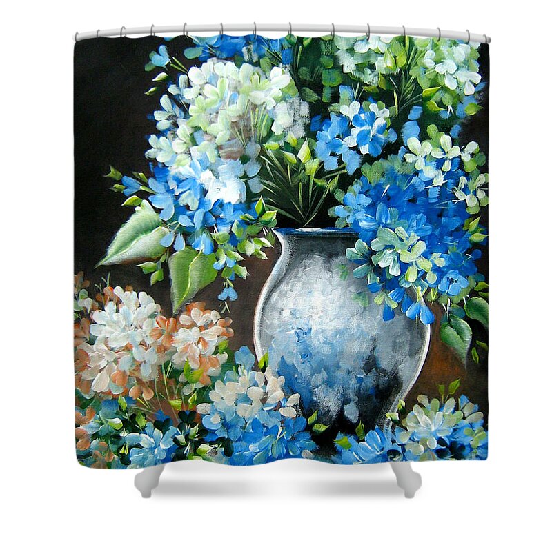 Flowers Shower Curtain featuring the painting Blue Hydrangeas by Bella Apollonia