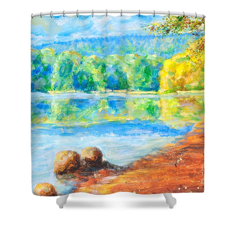  Landscape Shower Curtain featuring the painting Blue lake by Martin Capek