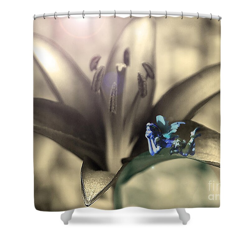 Fairies Shower Curtain featuring the photograph Blue Lily Fairy by Nina Silver