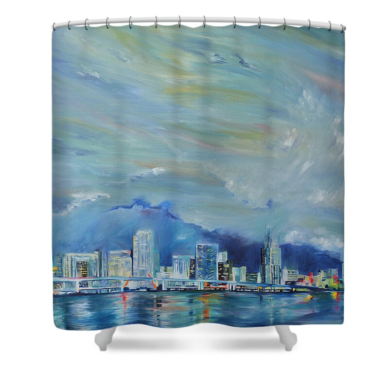 Miami Shower Curtain featuring the painting Blue Miami by Ksenia VanderHoff