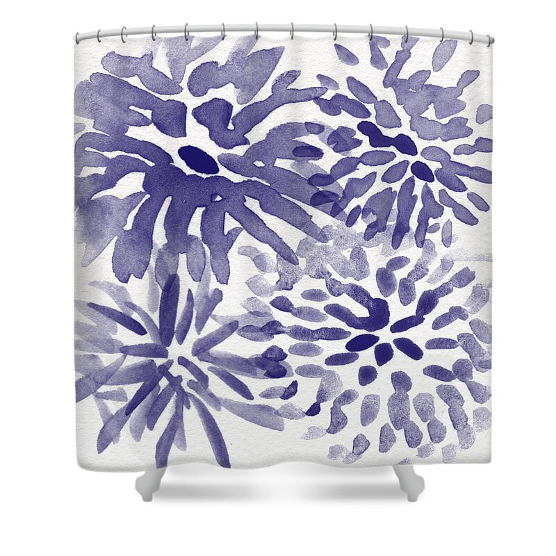 Flowers Shower Curtain featuring the mixed media Blue Mums- Watercolor Floral Art by Linda Woods