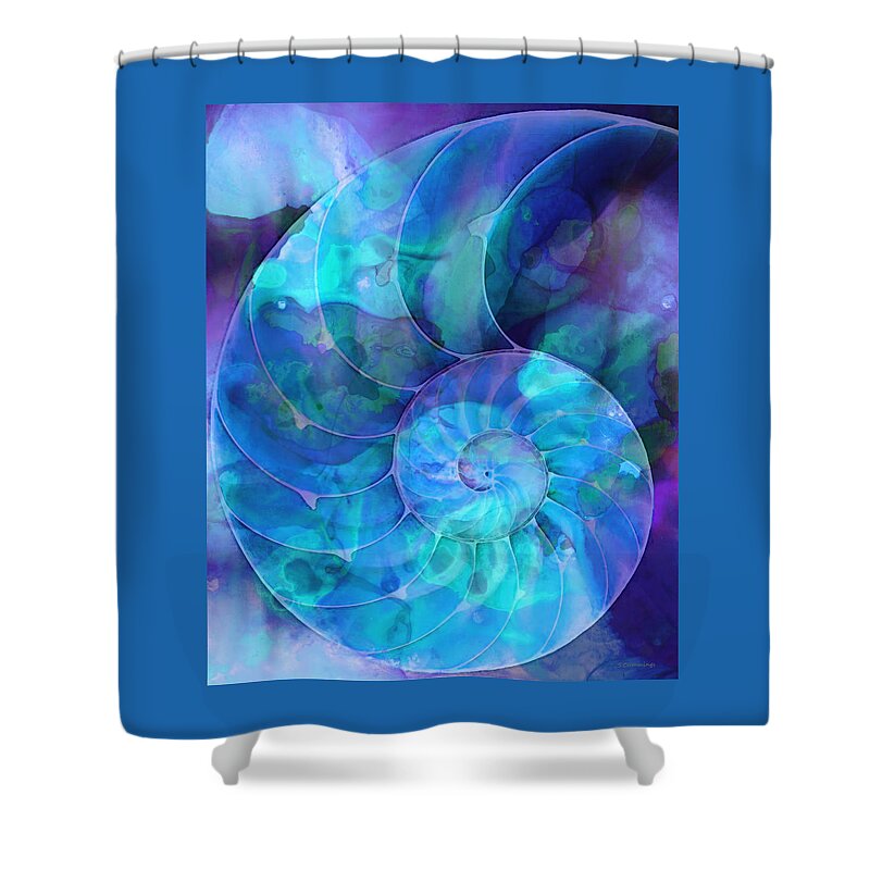 Blue Shower Curtain featuring the painting Blue Nautilus Shell By Sharon Cummings by Sharon Cummings
