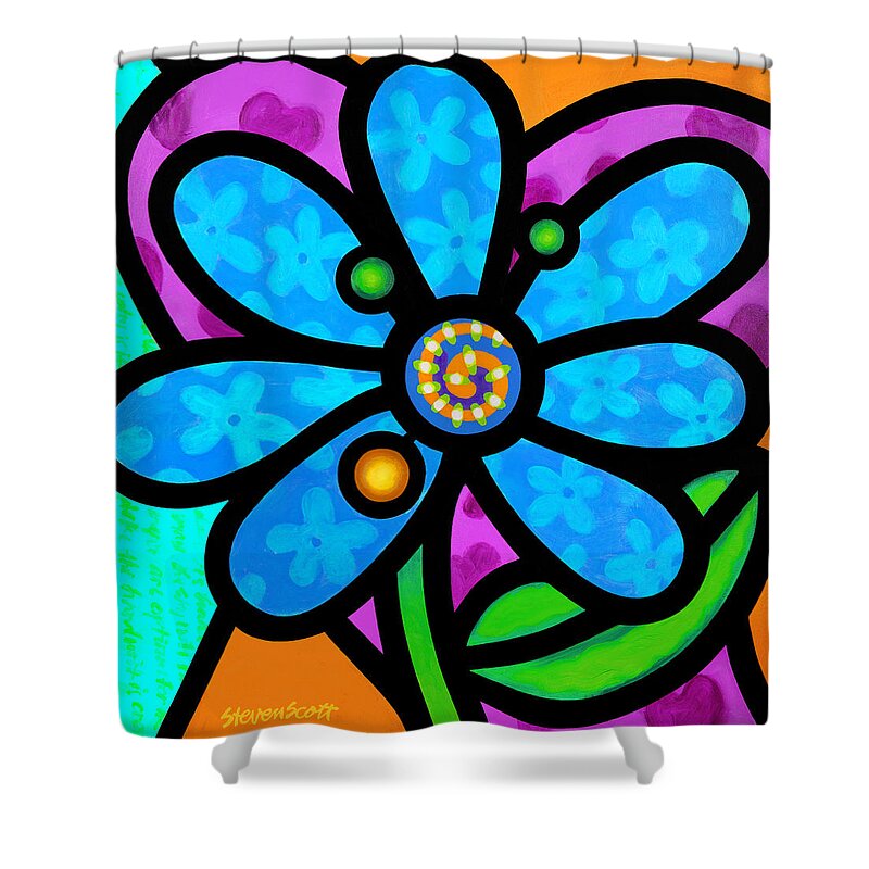 Abstract Shower Curtain featuring the painting Blue Pinwheel Daisy by Steven Scott