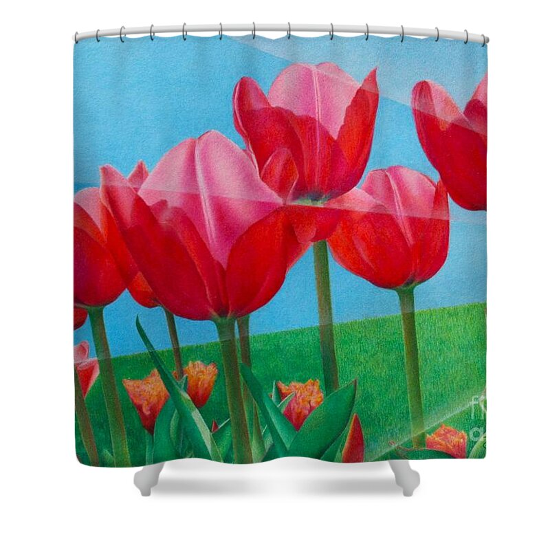 Tulips Shower Curtain featuring the painting Blue Ray Tulips by Pamela Clements