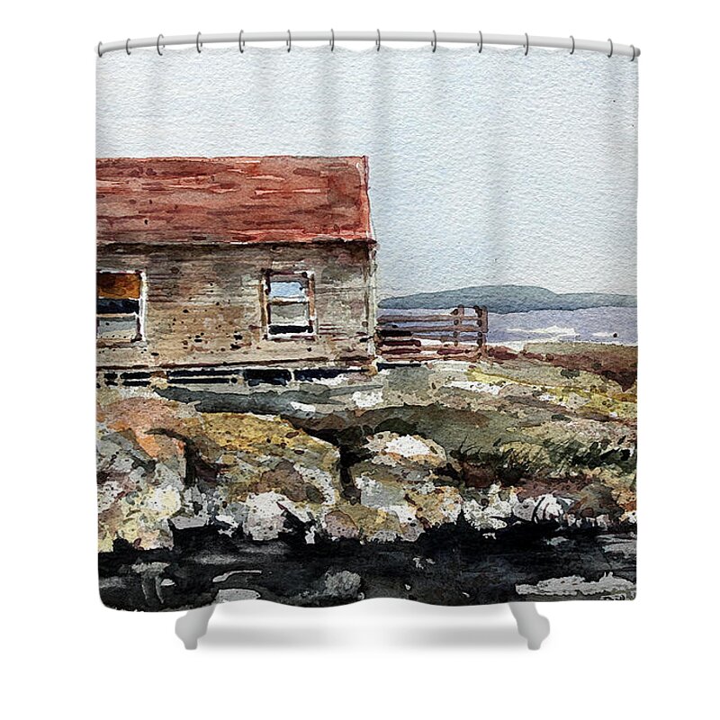 A Small Cabin At The Inlet To Blue Rocks Shower Curtain featuring the painting Blue Rocks Nova Scotia by Monte Toon