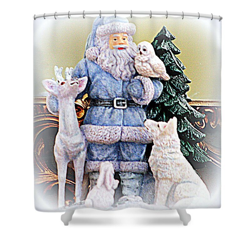 Santa Claus Shower Curtain featuring the photograph Blue Santa With Animal Friends by Kay Novy