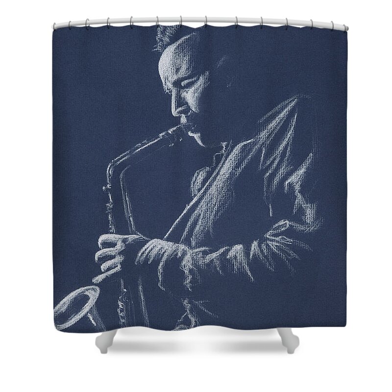 Saxophone Shower Curtain featuring the pastel Blue Sax by Karen Loughridge KLArt