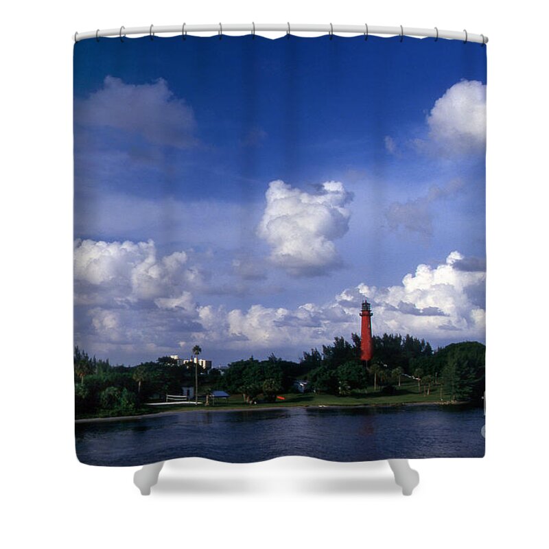 Lighthouses Shower Curtain featuring the photograph Blue Skies In Jupiter by Skip Willits