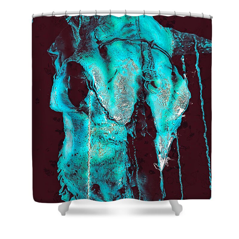 Cow Mixed Media Shower Curtain featuring the photograph Blue Skulls at Night by Mayhem Mediums