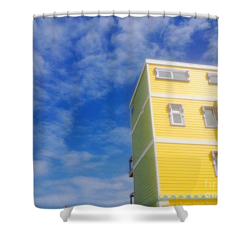 Yellow Shower Curtain featuring the photograph Blue sky Yellow house by WaLdEmAr BoRrErO