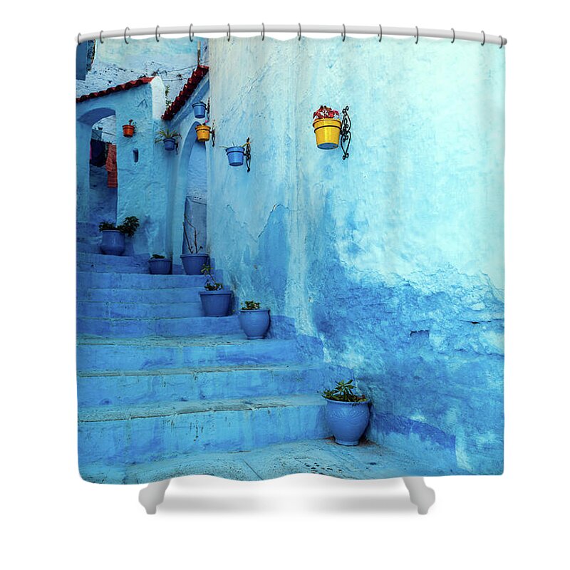 Steps Shower Curtain featuring the photograph Blue Staircase & Colourful Flowerpots by Pavliha