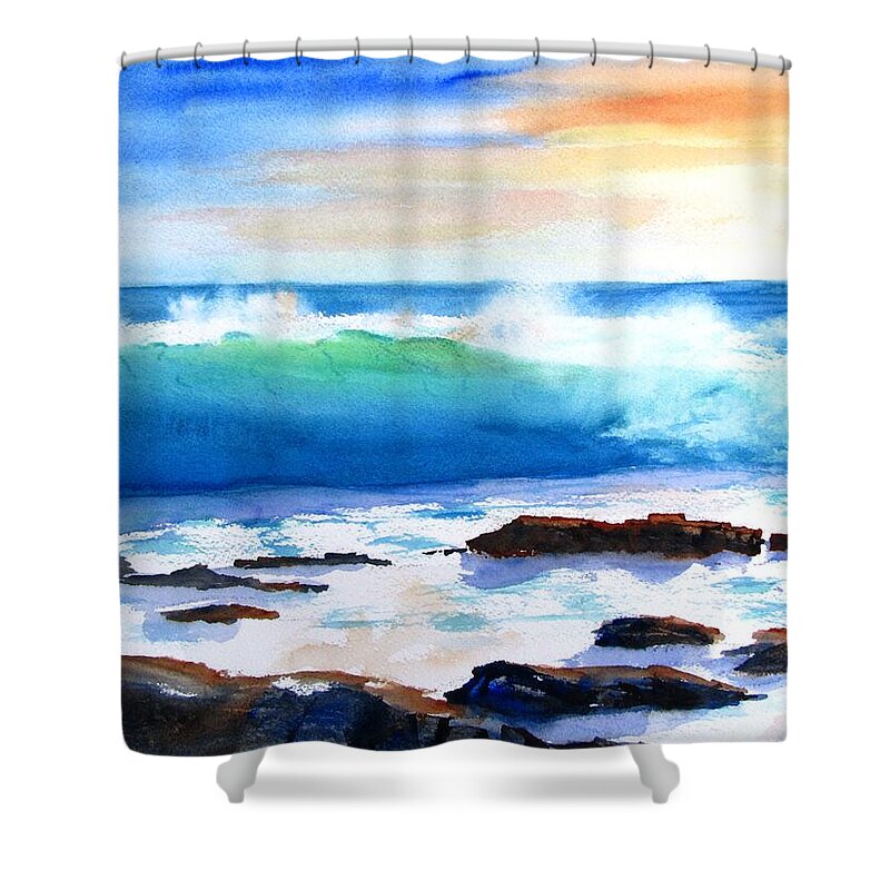 Ocean Shower Curtain featuring the painting Blue Water Wave crashing on Rocks by Carlin Blahnik CarlinArtWatercolor