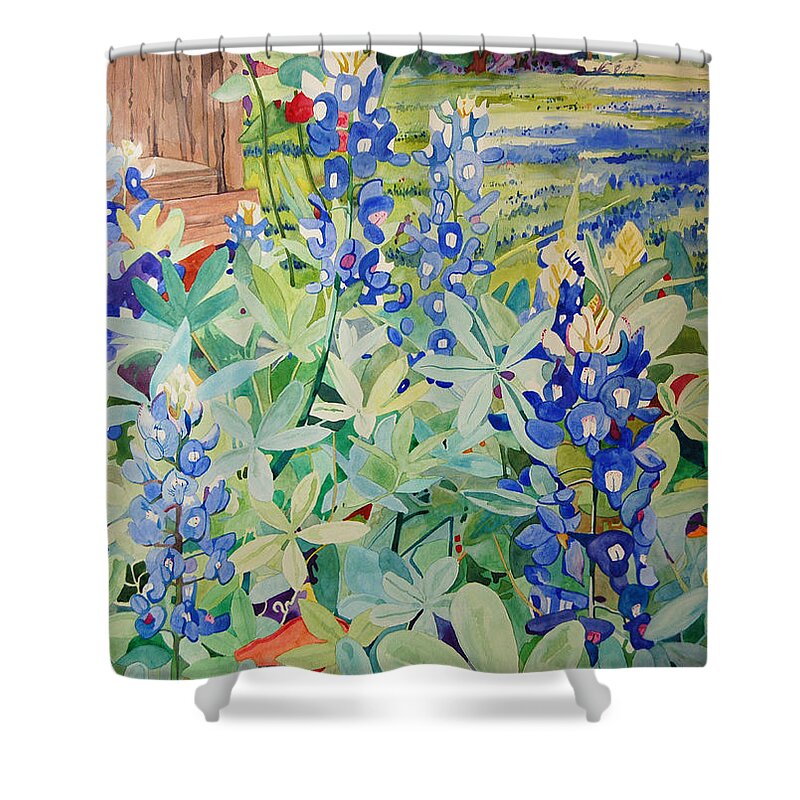 Texas Shower Curtain featuring the painting Bluebonnet Beauties by Terry Holliday