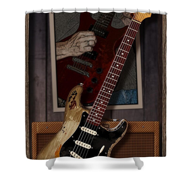 Fender Stratocaster Shower Curtain featuring the digital art Blues Tools 2 by WB Johnston