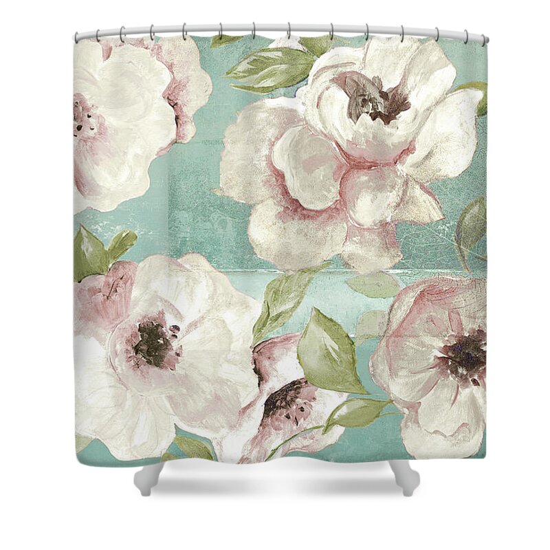 Blush Shower Curtain featuring the painting Blush Flowers On Teal by Patricia Pinto