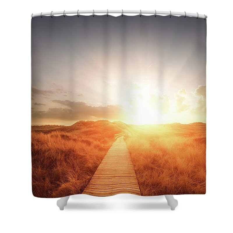 Grass Family Shower Curtain featuring the photograph Boardwalk Through The Dunes by Ppampicture