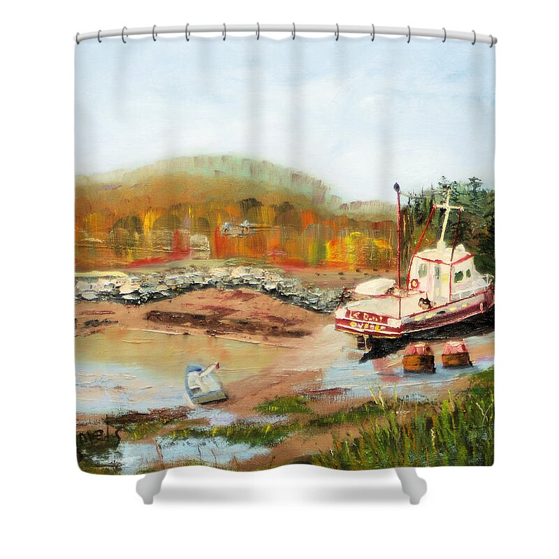 Painting Shower Curtain featuring the painting Boat at Bic Quebec by Michael Daniels