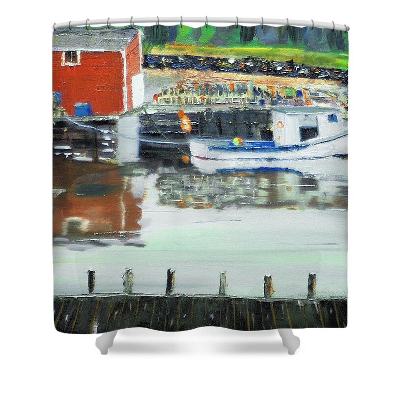 Boat Water Dock Fish Reflection Lobster Net Trap Pot Bouy Shower Curtain featuring the painting Boat at Louisburg NS by Michael Daniels