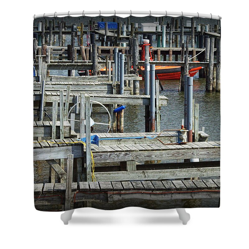 Art Shower Curtain featuring the photograph Boat Docks in Lake Macatawa by Randall Nyhof