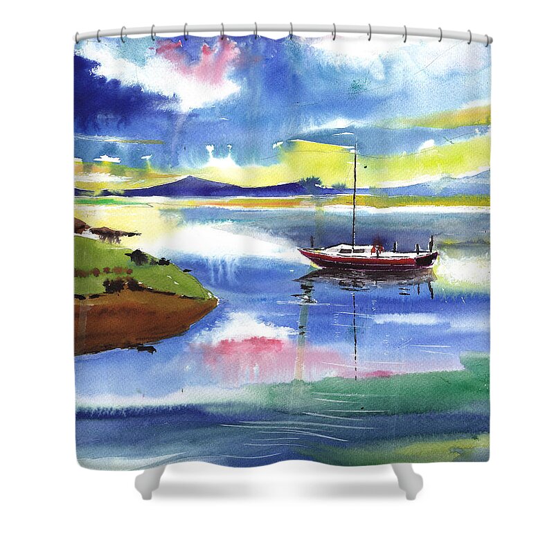 Nature Shower Curtain featuring the painting Boat n Colors by Anil Nene