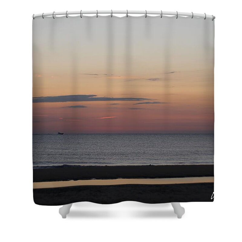 Boat Shower Curtain featuring the photograph Boat on the Horizon at Sunrise by Robert Banach