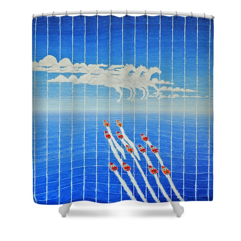 3d Shower Curtain featuring the painting Boat Race Horse Clouds by Jesse Jackson Brown