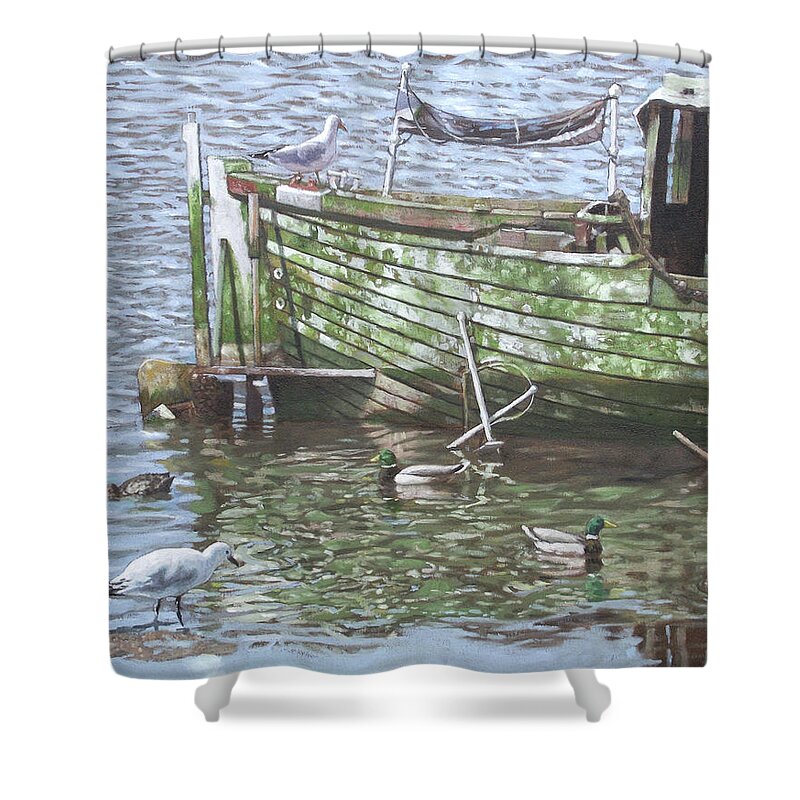 Boat Shower Curtain featuring the painting Boat Wreck With Sea Birds by Martin Davey