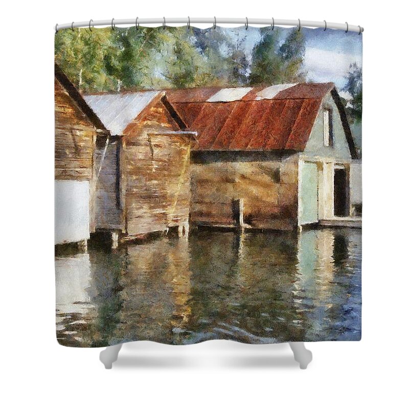 Boat Houses Shower Curtain featuring the photograph Boathouses on the Torch River ll by Michelle Calkins