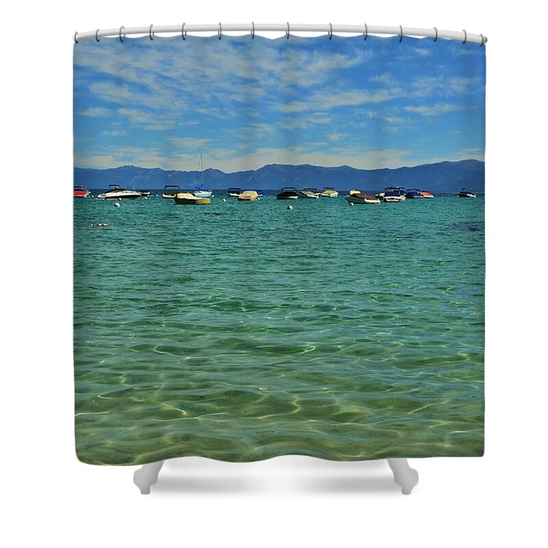 Lake Tahoe Shower Curtain featuring the photograph Boating on Clear Lake Tahoe by Marilyn MacCrakin