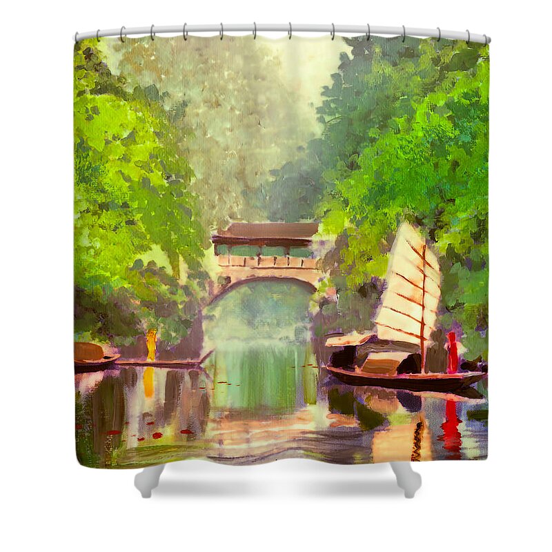 Boat Shower Curtain featuring the painting Boatmen by Melissa Herrin