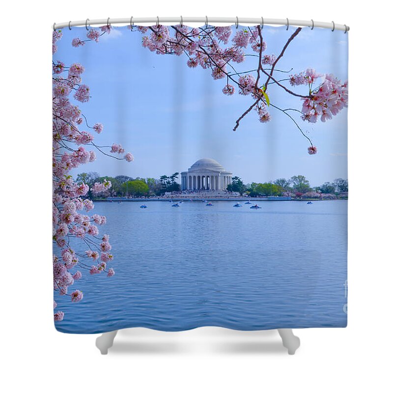 2012 Centennial Celebration Shower Curtain featuring the photograph Boats Across the Basin of Blossoms by Jeff at JSJ Photography