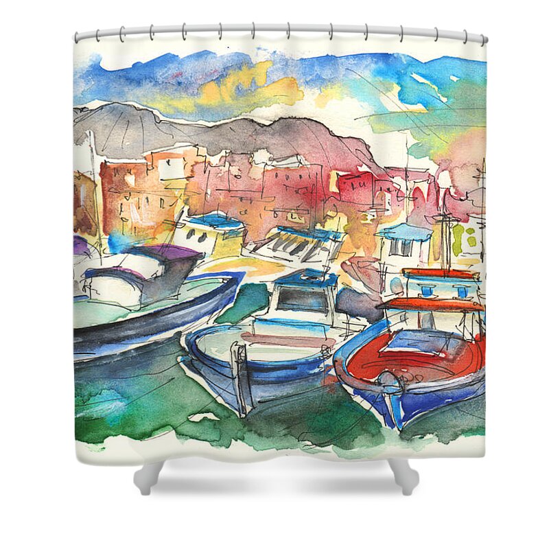 Travel Shower Curtain featuring the painting Boats in Porticello 01 by Miki De Goodaboom
