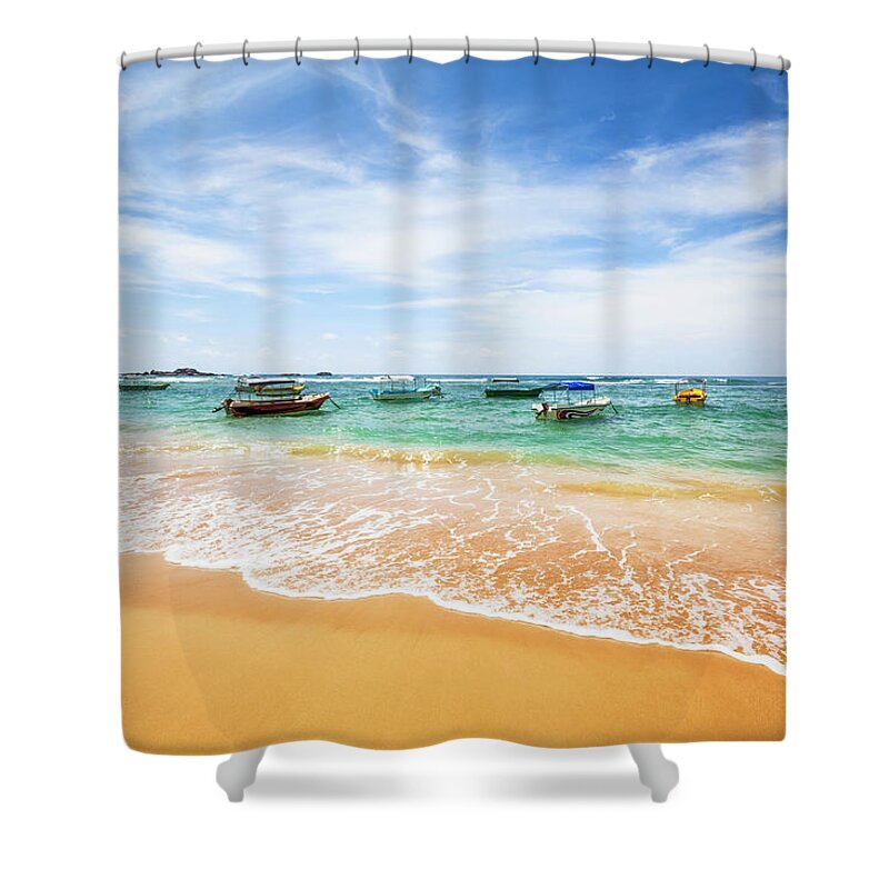 Water's Edge Shower Curtain featuring the photograph Boats On Beach - Hikkaduwa Sri Lanka by Cinoby