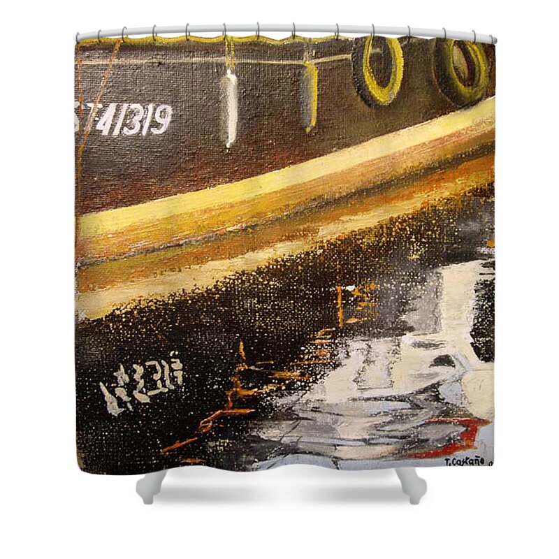 Boat Shower Curtain featuring the painting Boats reflections by Tomas Castano