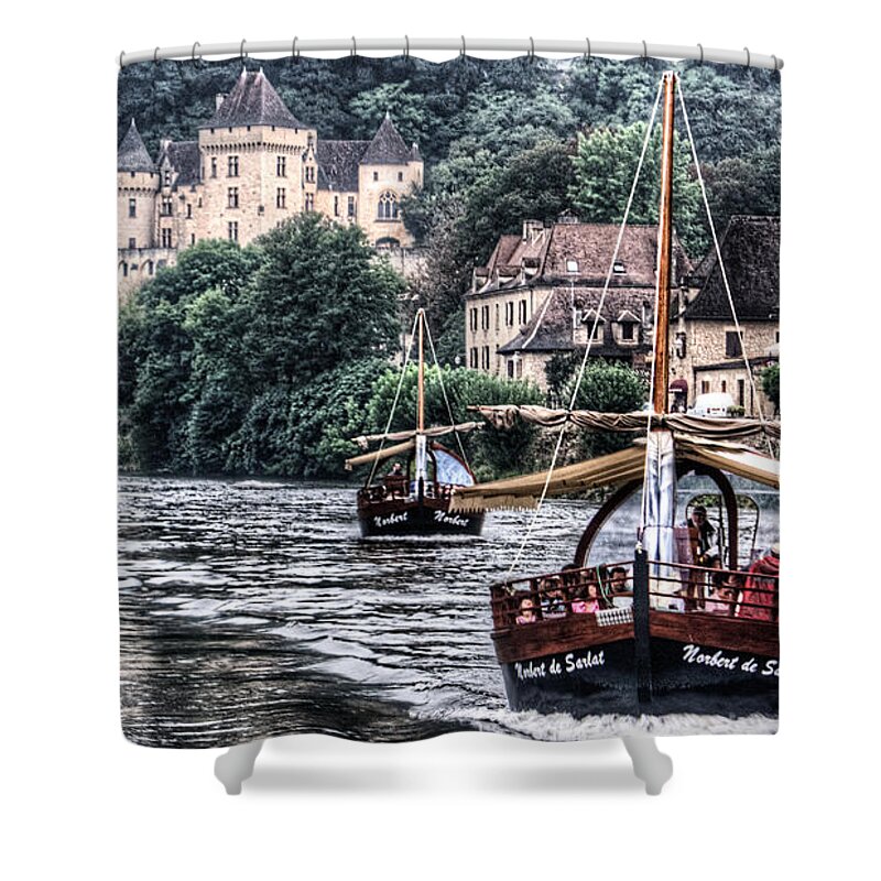 France Shower Curtain featuring the photograph Boats sailing the Dordogne river in La Roque Gageac by Weston Westmoreland