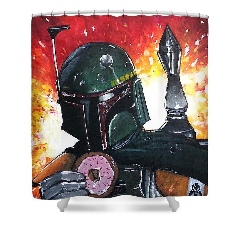 Boba Fett Shower Curtain featuring the painting Boba with Sprinkles by Tom Carlton
