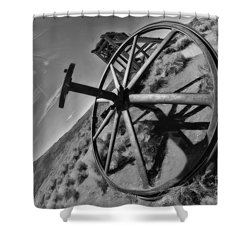  Shower Curtain featuring the photograph Bodie Big Wheel by Blake Richards