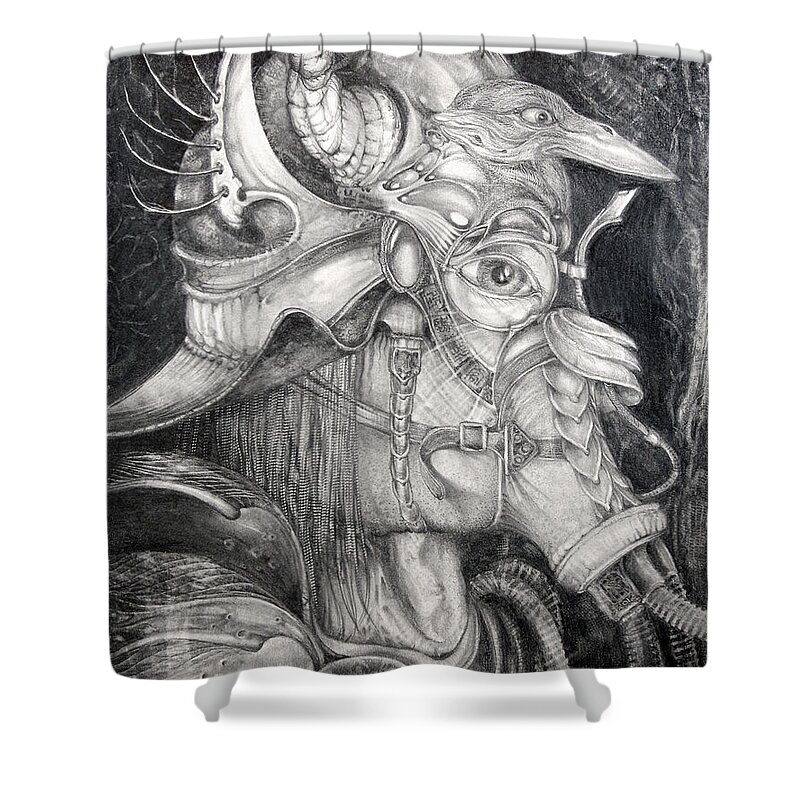 Bogomil Shower Curtain featuring the drawing Bogomils Duckhunting Mask by Otto Rapp