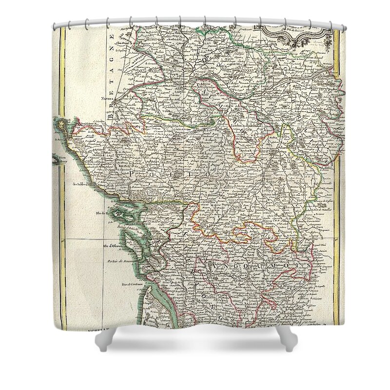  A Beautiful Example Of Rigobert Bonne's Decorative Map Of The French Winemaking Regions Of Poitou Shower Curtain featuring the photograph Bonne Map of Poitou Touraine and Anjou France by Paul Fearn