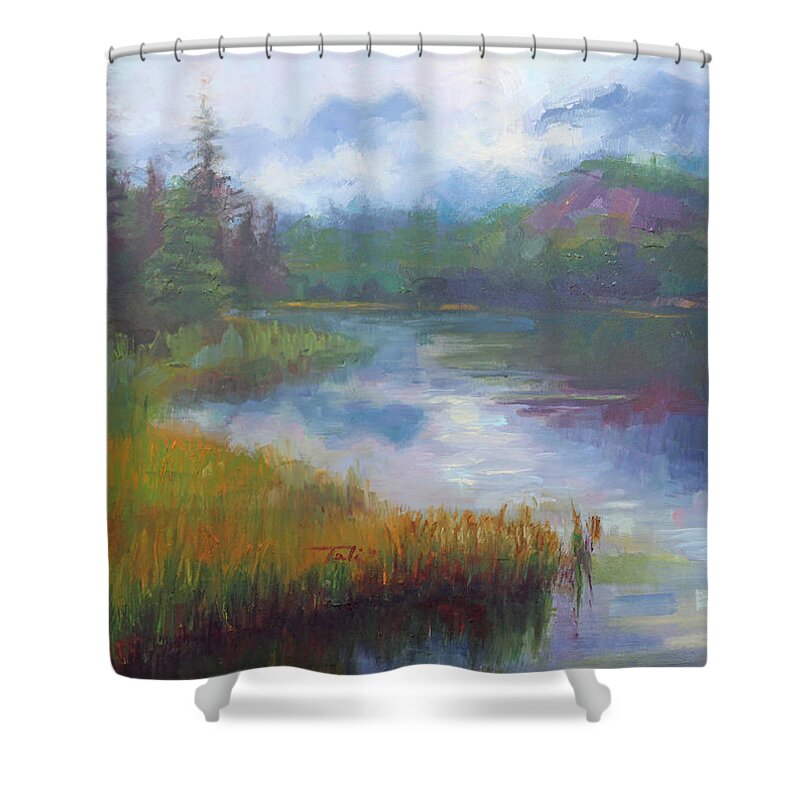Landscape Shower Curtain featuring the painting Bonnie Lake - Alaska misty landscape by Talya Johnson