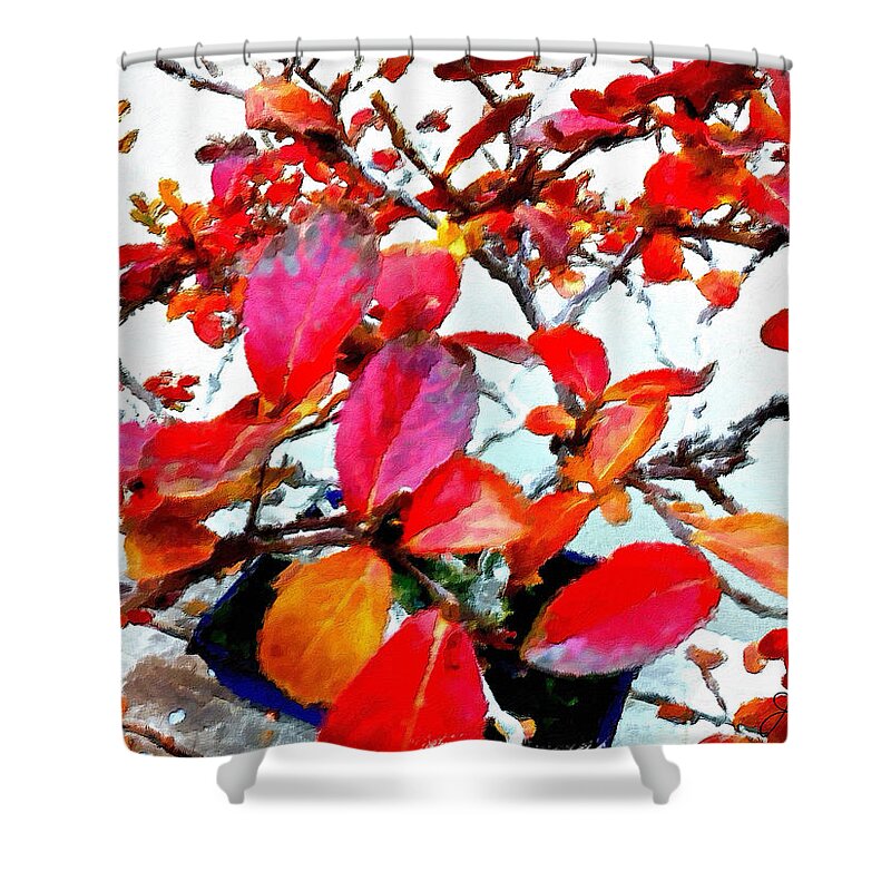 Bonsai Tree Shower Curtain featuring the painting Bonsai Tree with Red Leaves by Joan Reese