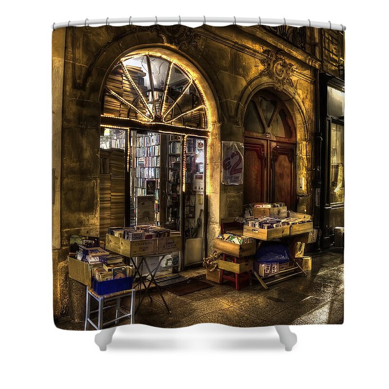 Evie Carrier Shower Curtain featuring the photograph Bonsoir from the Bookstore Center by Evie Carrier